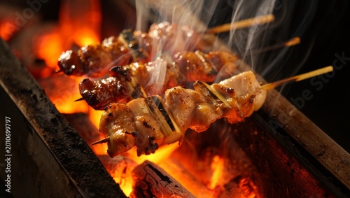 Yakitori skewers grilling over red hot charcoal flames releasing smoke in a japanese barbecue kitchen