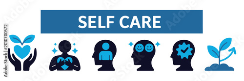 Self care concept icons set, mental health and personal growth, vector illustration isolated on white background