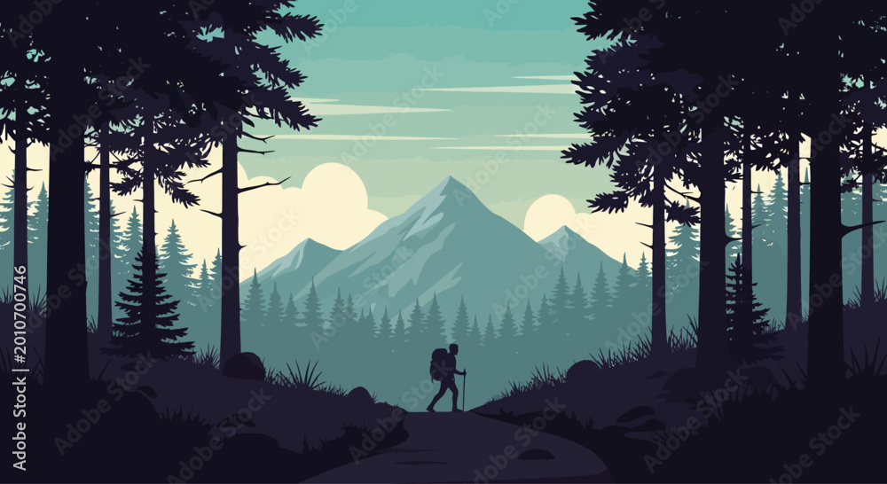 Naklejka premium A solitary hiker trekking through a dense pine forest toward distant mountains.