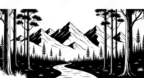 Black and white illustration of a winding forest path leading to majestic mountains.