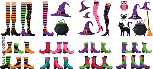 Vászonkép Cartoon Style Illustration of Halloween-Themed Boots, Shoes, and Hats with Fun P