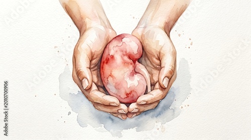 Close up of human hands cupping a realistic anatomical kidney model in soft watercolor art style representing care and health