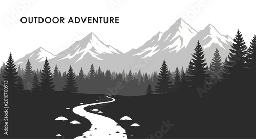 Minimalist monochrome landscape illustration of mountains and pine forest with a winding trail.