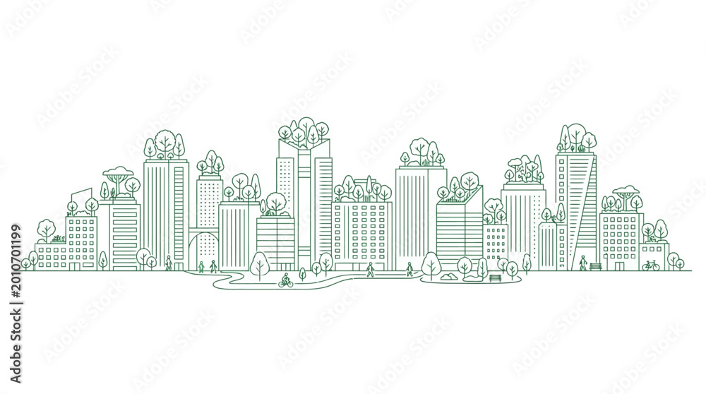 Obraz premium Minimalist continuous line art drawing of a modern eco-friendly city skyline.