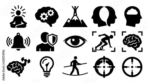 Mental Performance and Focus Silhouette Icon Set – Mindset, Concentration and Cognitive Strength Symbols