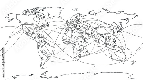 Global network connectivity map with international flight paths.