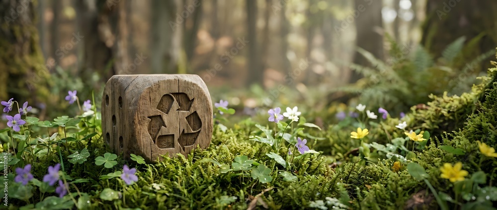 Obraz premium Wooden recycling symbol cube nestled among moss and wildflowers in forest setting promoting environmental awareness and sustainability concepts.