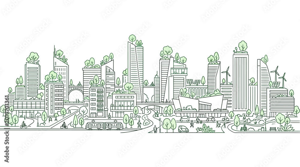 Fototapeta premium Eco friendly sustainable green city skyline illustration.