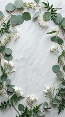 Elegant eucalyptus leaves and white flowers arranged in oval frame on marble background with copy space for wedding invitations and botanical designs.