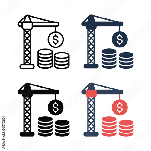 Set of construction crane icons with money coins, financial growth and investment concept, vector illustration isolated on white background