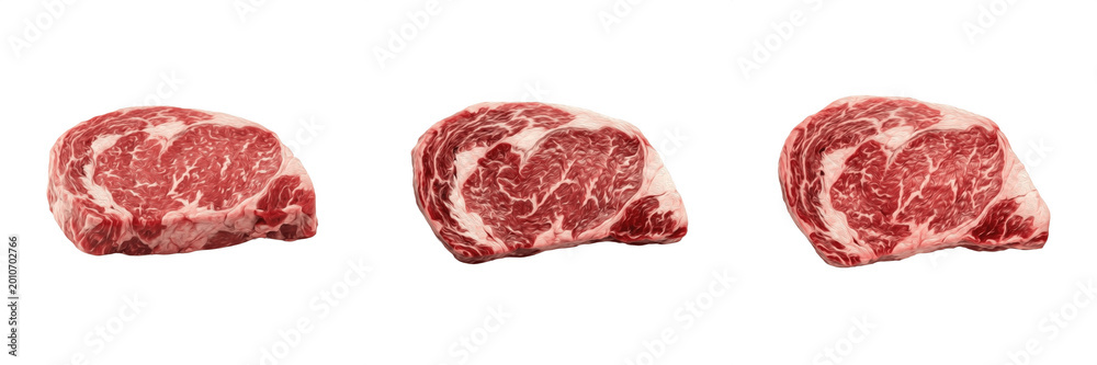 Obraz premium Fresh Raw Beef Ribeye Steak Isolated Red Meat Fillet Marble Fat PNG Butcher Shop Restaurant.