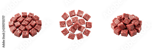 Schilderij op canvas Raw organic beef cubes meat chunks top view for gourmet butchery fresh food ingr
