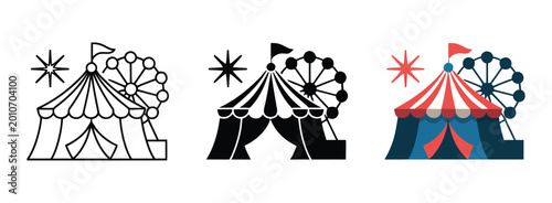 Circus tent with ferris wheel and star icon set, carnival amusement park flat vector illustration isolated on white background