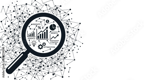 Photos Magnifying glass examining business data charts and financial growth symbols