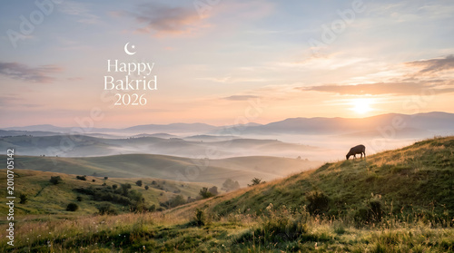 Sheep grazing on misty green hilltop at sunrise with happy bakrid greeting overlay