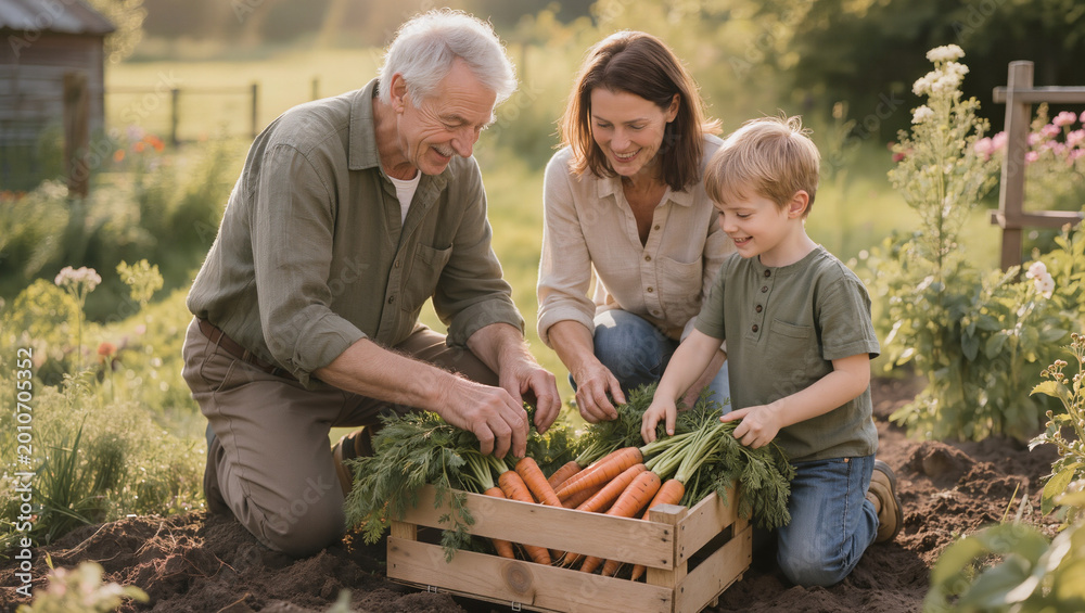 Obraz premium Grandfather Mother and Son Harvesting Fresh Carrots Together.