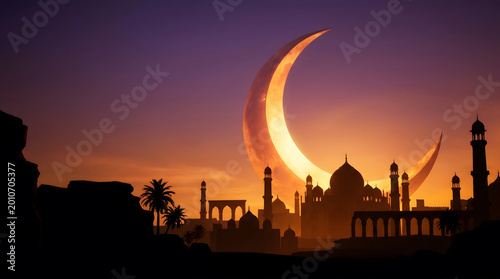 Crescent moon over mosque at sunset with orange purple sky landscape