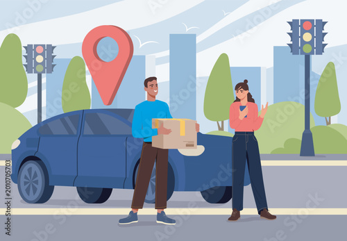 Obraz na plátně Parcel handoff near car in city. Vector illustration