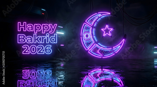 Neon purple crescent and star with glowing text on dark cyberpunk bakrid background