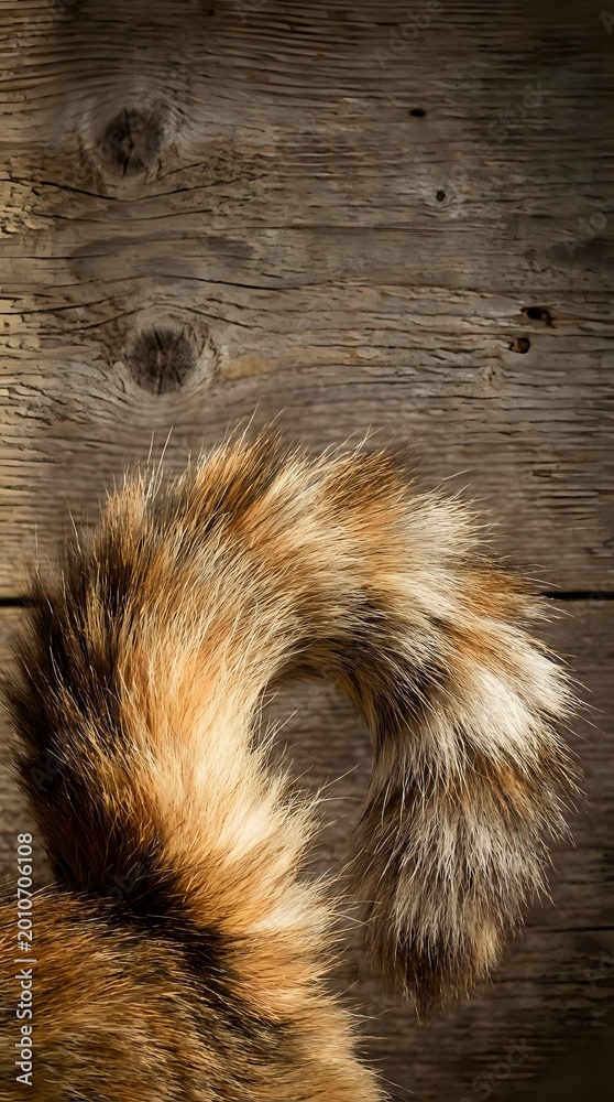 Fototapeta premium Fluffy curled fox tail with golden brown fur resting on rustic weathered wooden planks, natural wildlife detail close-up.