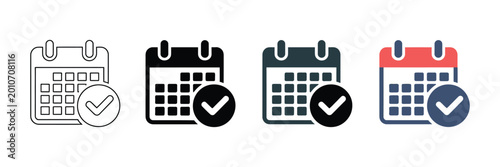 Set of calendar icons with checkmark symbols representing schedule completion and appointment planning in various graphic styles for professional web ui design