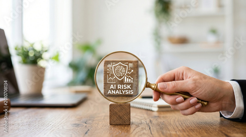 Ai risk analysis financial agent on wooden block in office