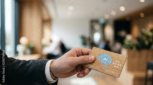Ai agent financial card payment technology, hand holding smart card in modern office with blurred people and light interior