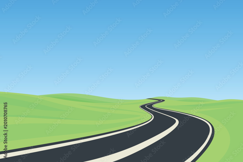 Fototapeta premium Winding Road Landscape, Cartoon Vector Illustration. Scenic Highway. Summer Countryside Square Background. Curved Asphalt Road Perspective