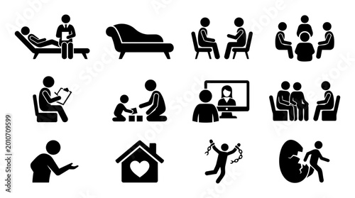 Photos Therapy and Counseling Silhouette Icon Set – Psychotherapy, Mental Health and Su