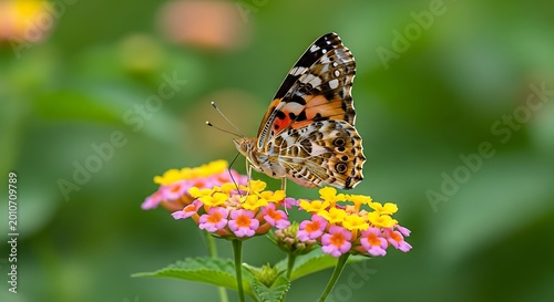 Painted lady butterfly resting on vibrant lantana flowers in a lush garden