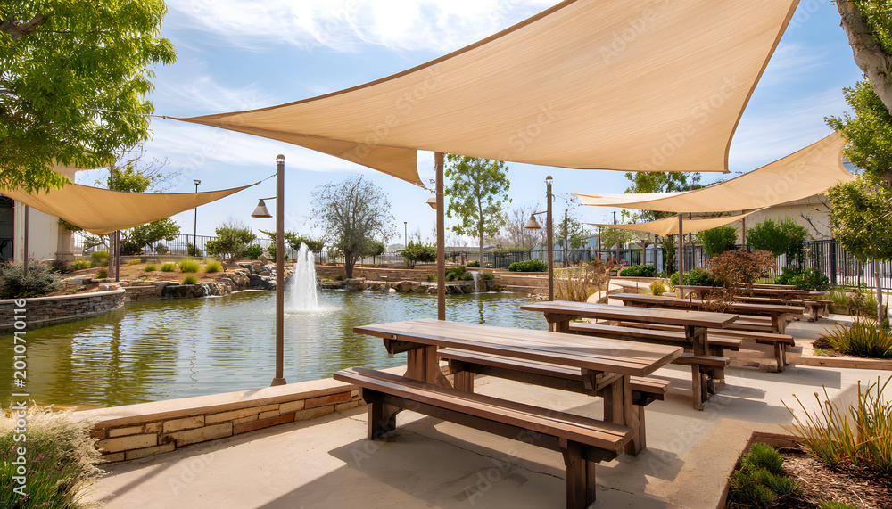 Fototapeta premium The outdoor picnic area features wooden tables and benches under beige shade sails, with plants surrounding a pond with fountain, creating a pleasant atmosphere for relaxation and outdoor dining.