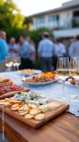 Backyard gathering with grazing board and wine glasses arranged for party banner and event background layout