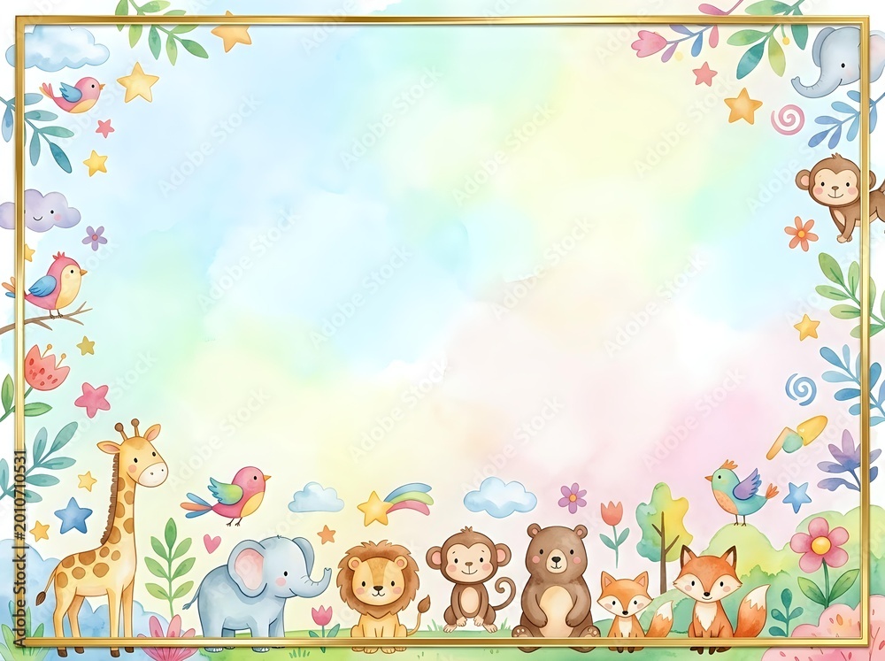 Fototapeta premium Watercolor safari animals border frame with giraffe, elephant, lion, monkey, bear and fox on pastel rainbow background for kids design.