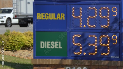 Fuel Prices Displayed at Gas Station in Urban Setting During Day. Price Sign is Symbol of Volatile Energy Market Global Cost of Oil. High Inflation in USA. Greer, SC, USA - May 5, 2026.