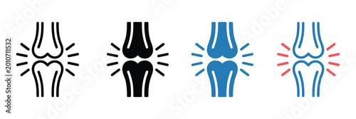 Set of knee joint pain vector icons featuring minimalist medical illustrations for orthopedic health care and anatomy clinic signage design concepts on white