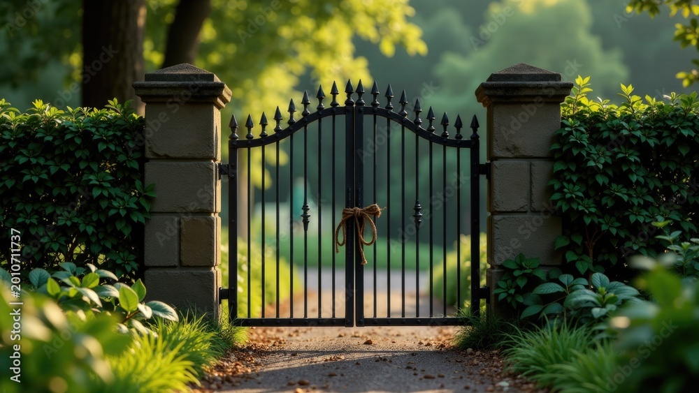 Fototapeta premium A metal gate with a dog sitting in the middle