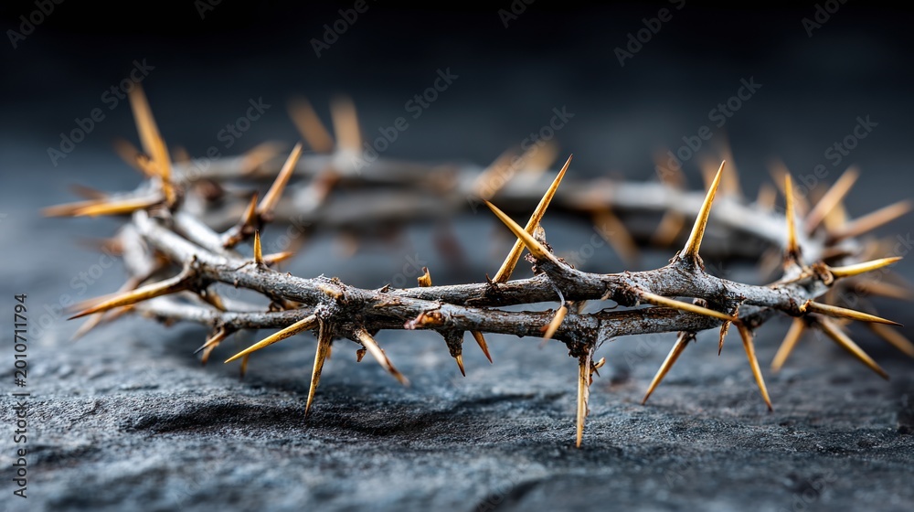 Fototapeta premium Detailed close up crown of thorns resting on dark stone for religious symbolism and easter or good friday banner and spiritual design