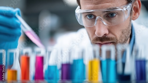 Focused researcher analyzing colorful chemical solutions in test tubes for laboratory background and scientific experiment documentation