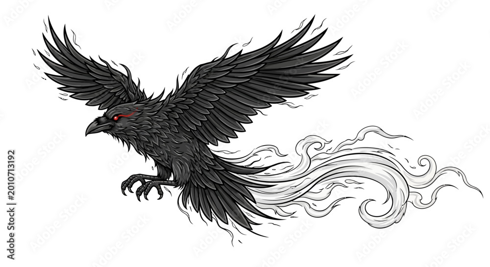 Fototapeta premium Dynamic black raven with mystical tail and red eyes mid-flight