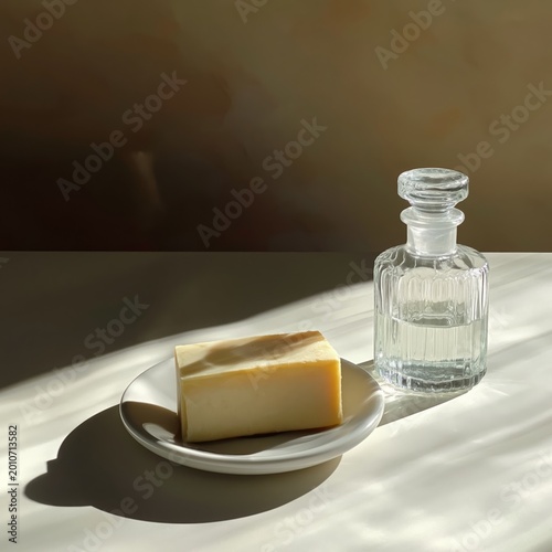 Soap and Liquid Cleanser on a Plate With a Light Background in a Simple Setting