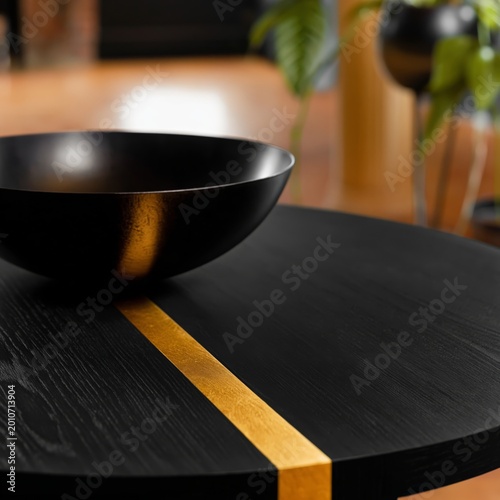 Decorative Bowl on a Black Round Table With a Golden Stripe in a Modern Setting