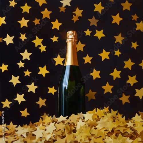 Champagne Bottle Rests Among Gold Star-Shaped Confetti on a Dark Background