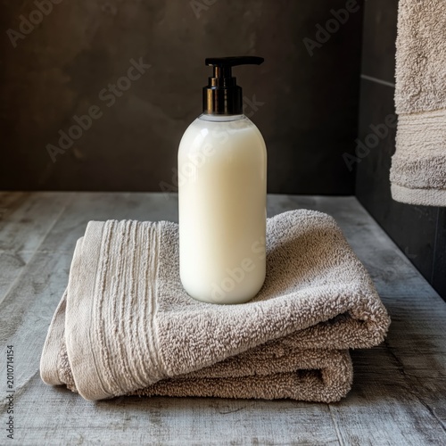 Soft Towels and Lotion Placed on a Bathroom Counter Beside a White Towel in a...