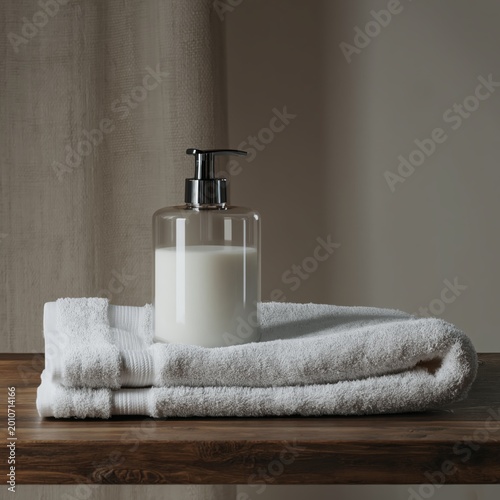 Towel and Soap Dispenser on a Wooden Table in a Bathroom Setting