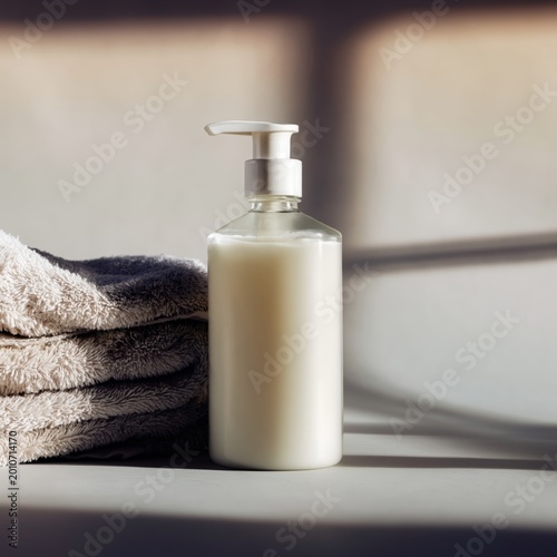 Towel and Soap Dispenser on a Wooden Table in a Bathroom Setting