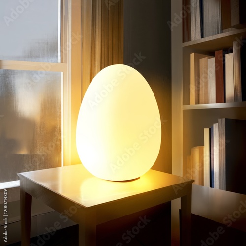 Unique Lamp Shaped Like an Egg Placed on a Table Next to a Bookshelf in a Wel...