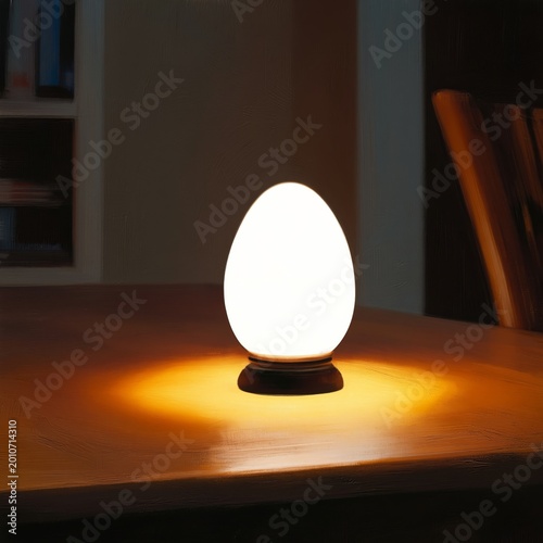 Unique Lamp Shaped Like an Egg on a Table in a Cozy Living Room at Night