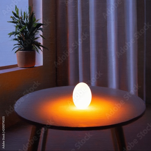 Unique Lamp Shaped Like an Egg Placed on a Table Next to a Bookshelf in a Wel...