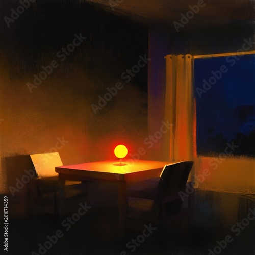 Light Source on a Table in a Dimly Lit Room During the Evening Hours
