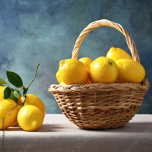 Fresh Lemons in a Basket on a Dark Surface With One Lemon Nearby